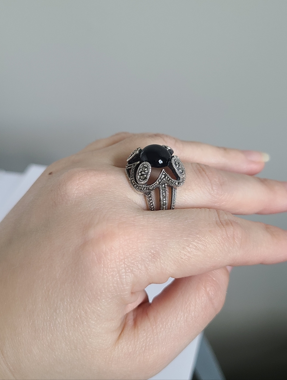 Vintage Boho Sterling Silver Black Onyx Floating Cabochon Marcasite Crystal Ring - Picture 13 of 14